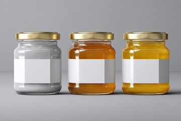 Three clear glass jars with gold lids and blank labels, showcasing different colored contents