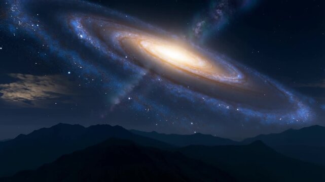 Spiral galaxy with a bright golden core hovering above dark mountain silhouettes, surrounded by twinkling stars and dusty nebulae