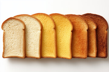 Spectrum of toasted bread slices arranged in a gradient from untoasted to very dark, illustrating different toast levels.