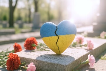 Cracked heart on Ukraine flag, symbol of war loss, resilience, and national emotional pain