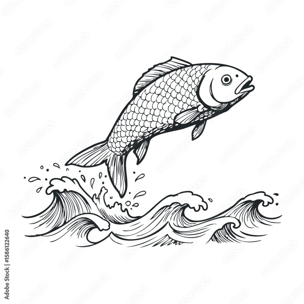 Poster jumping fish over waves: detailed sketch of fish in motion with dynamic ocean waves. hand draw vecto