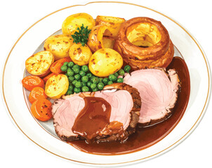 Watercolor Illustration of Traditional British Sunday Roast Dinner with Vegetables and Gravy