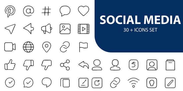 Social Media Line Icons, Chat Bubble, Notification, Share, Like, Hashtag, Editable Formats: AI, EPS, PNG, Ideal for Both UI and Print Media Use
