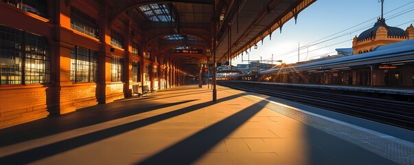 Sunlight streams onto a train station platform.