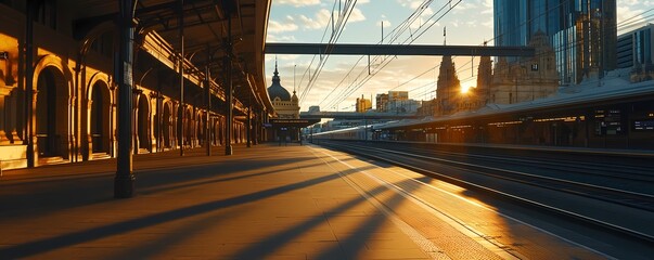 Golden hour sunlight casts long shadows across an empty train station platform.