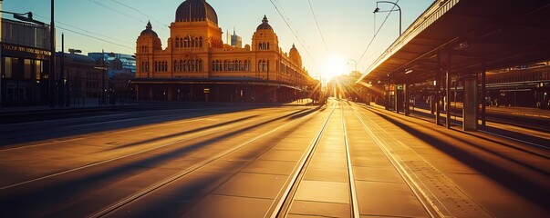 City street at sunrise with tram tracks and shadows.