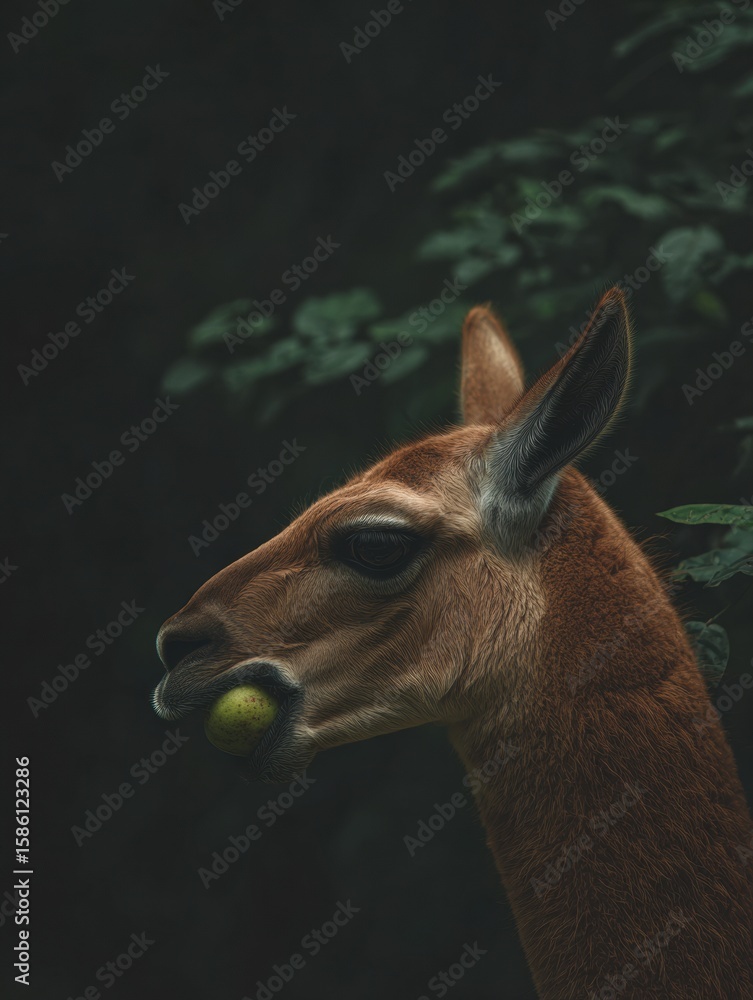 Poster paca enjoys fresh fruit in a dim forest surrounded by shadows and minimal background detail