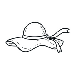 Elegant wide-brim summer hat with ribbon sketch for fashion accessories design. Hand draw vector illustration