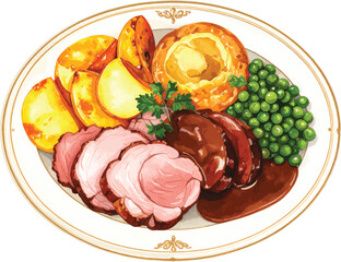 Watercolor Illustration of Traditional British Sunday Roast Dinner with Vegetables and Gravy
