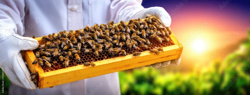 Poster a beekeeper in protective gear holds an open beehive frame displaying bees against a picturesque nat