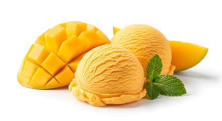 Mango ice cream scoops with fruit and mint image