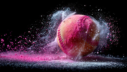 Pink Softball with Powder Explosion on Black Background for Gender Reveal Party