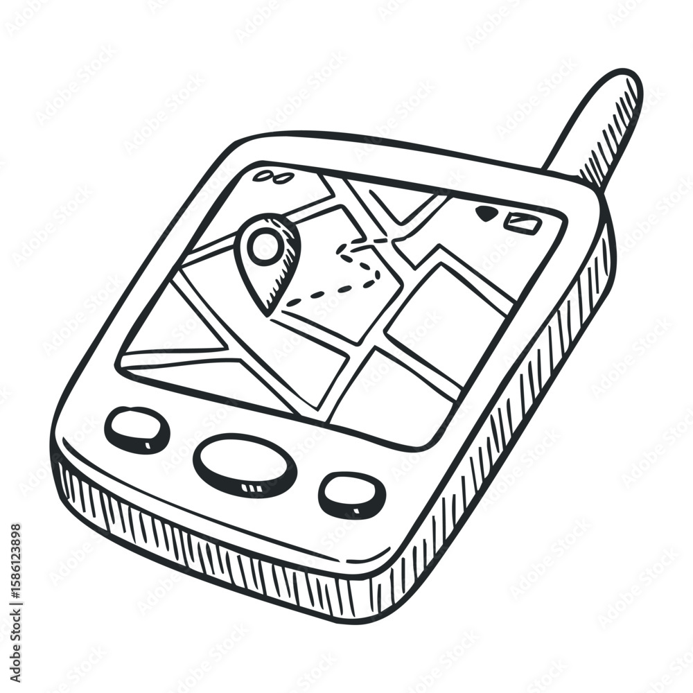 Poster hand-drawn gps navigation device sketch with map and location pin. hand drawn vector illustration