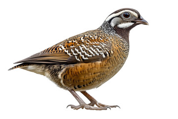 Fototapeta premium Detailed profile view of a small brown and white patterned quail bird standing on its feet isolated on transparent background