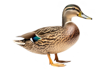 A detailed close up of a female mallard duck with intricate feather patterns isolated on transparent background