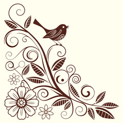 Vintage floral vector illustration featuring an ornate pattern of flowers, leaves, butterflies, and birds, ideal for spring nature-inspired designs, wedding decor, or elegant wallpaper