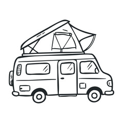 Camping van with roof tent outline drawing for adventure enthusiasts. Hand drawn vector illustration