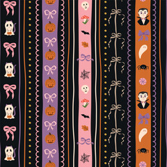 Striped Halloween seamless pattern decorated of cute ribbon, ghost, pumpkin, Dracula, skull, cartoon elements. Vector fabric, wrapping paper, textile design, wallpaper, background with vertical stripe
