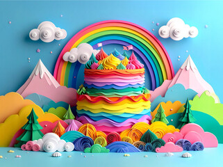 Naklejka premium Whimsical Rainbow Cake with Colorful Clouds and Fantasy Backdrop in 3D Illustration