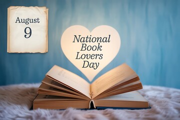 Open book, heart-shaped glow, August 9th: National Book Lovers Day celebration; warm, nostalgic mood.