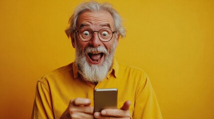 A man in a yellow shirt is holding a cell phone and looking surprised. He is likely excited about something he has just seen or received on his phone
