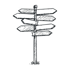 Hand-drawn directional signpost sketch with multiple blank arrows. Hand drawn vector illustration