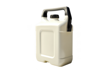 A white plastic jerrycan with a black handle and cap isolated on transparent background