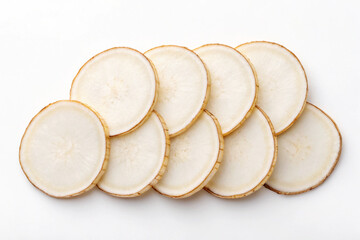 Raw Chinese Lily Root Slices Arranged on White Background