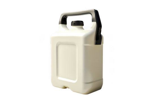 A white plastic jerrycan with a black handle and cap isolated on transparent background