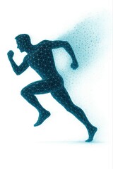 Naklejka premium Futuristic digital human silhouette running with a trail of glowing blue particles and interconnected geometric lines against a white background