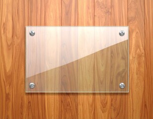 Digital illustration of a glossy, transparent glass nameplate, metal plate on wooden background