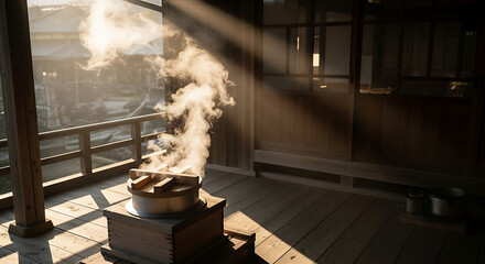 Steam rises from a cooking pot illuminated by sunlight in a traditional Japanese interior.