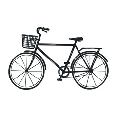 Black and white bicycle sketch with basket and detailed frame design. Hand drawn vector illustration