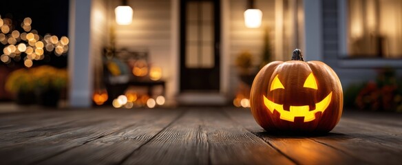 Obraz premium The glowing jack-o-lantern illuminating a cozy autumn porch decoration.