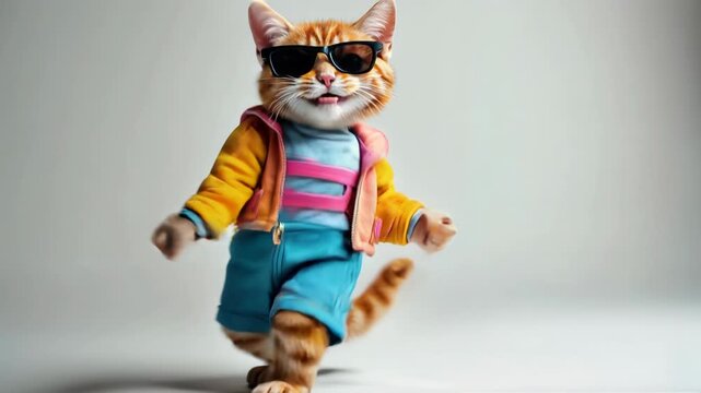 A playful and stylish cat wearing sunglasses and a colorful clothes, dancing.