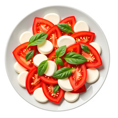Caprese salad arranged with tomato slices, mozzarella, and basil, white backgroundon plate  
