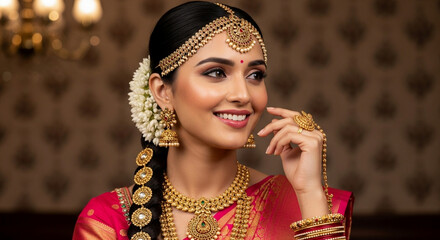 An indian woman with a radiant smile wears traditional gold jewelry