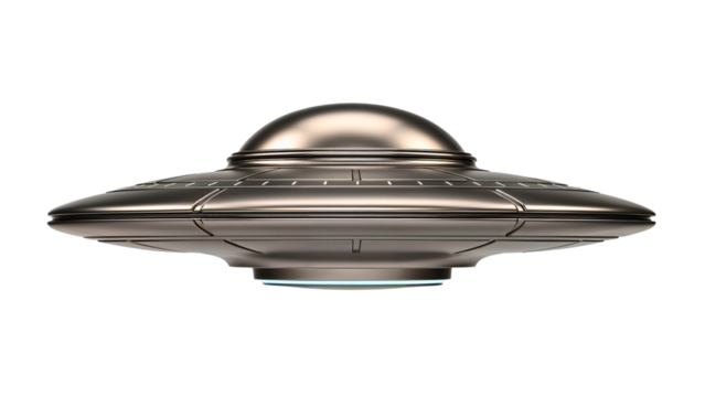 Futuristic metallic UFO spaceship isolated on white
