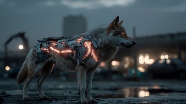 Cybernetic wolf stands in an urban setting fitted with glowing metallic armor Dim lighting and puddles add to the atmosphere