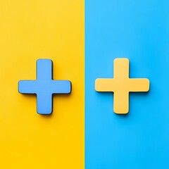 Fototapeta premium ColorBlocked Background with Blue and Yellow Plus Sign Figures on Contrasting Fields