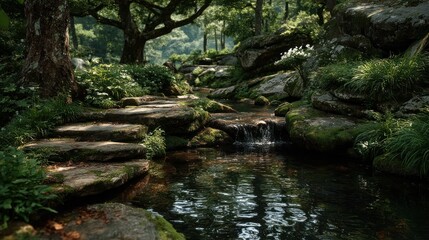Fototapeta premium Serene Stone Steps & Stream in Lush Garden