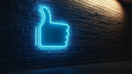 Blue Neon Thumbs Up Sign Glowing on Dark Brick Wall Background Design