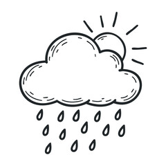 Weather icon with sun, cloud, and rain drops in simple black line art. Hand drawn vector illustration