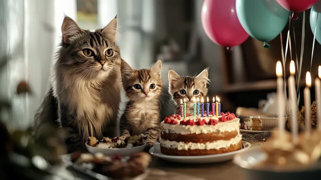 Cats and kittens birthday celebration indoor with cake, candle, balloon, cozy warm light, fluffy tabby fur, festive joyful atmosphere and party fun
