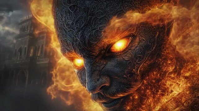 Fiery demon face with glowing eyes and intricate patterns engulfed in flames near dark gothic building under stormy sky