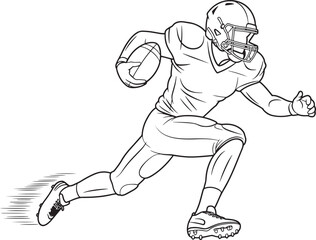American Football Player Running with Ball in Black and White Vector Illustration