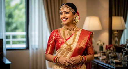 Beautiful indian bride in traditional wedding sari and gold jewelry smiling