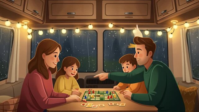 Family of four plays board game inside campervan bird flies outside window during a rainy night