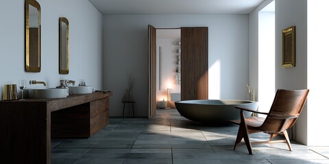 Modern minimalist bathroom with wooden vanity and freestanding tub