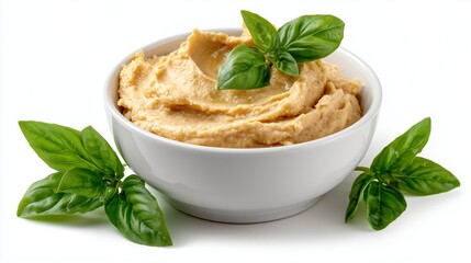 Delicious hummus basil leaves garnish served on white plate. AI generated.